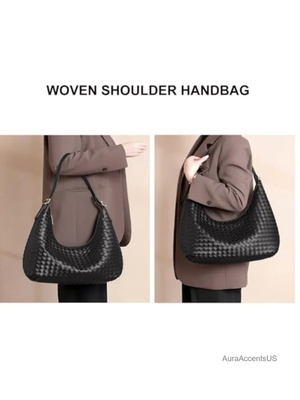 Woven Faux Leather Hobo Shoulder Bag with Zipper Lightweight Tote